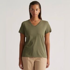 Women’s Quince Cotton Modal V-Neck Tee Olive Basic Short Sleeve Shirt Size Large